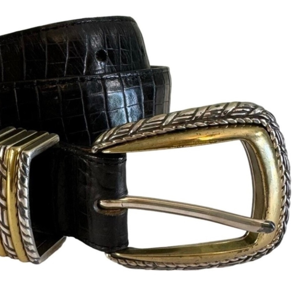 Brighton Belt Timeless Women’s Black Croc Leather Gold Silver Braid Buckle ML 32